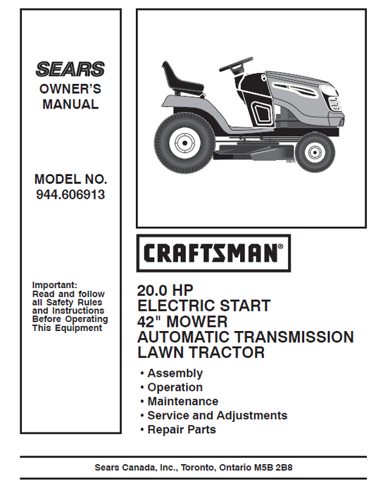 944.606913 Manual for Craftsman 20.0 HP 42" Lawn Tractor