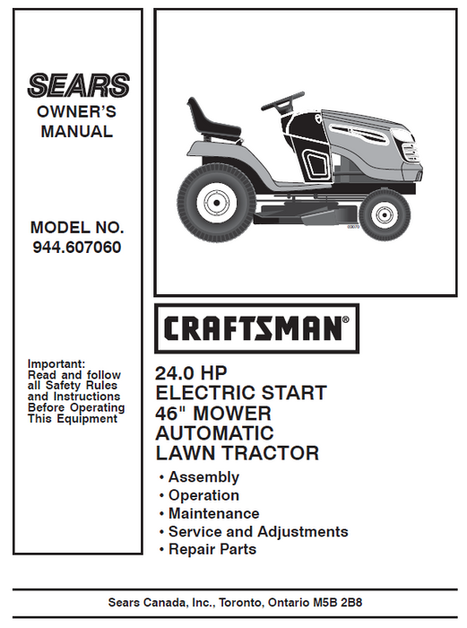 944.607060 Manual for Craftsman 24.0 HP 46" Lawn Tractor