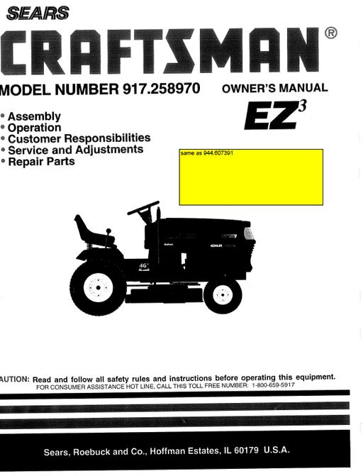 917.258970 Manual for Craftsman 18.5 HP Lawn Tractor 944.607391