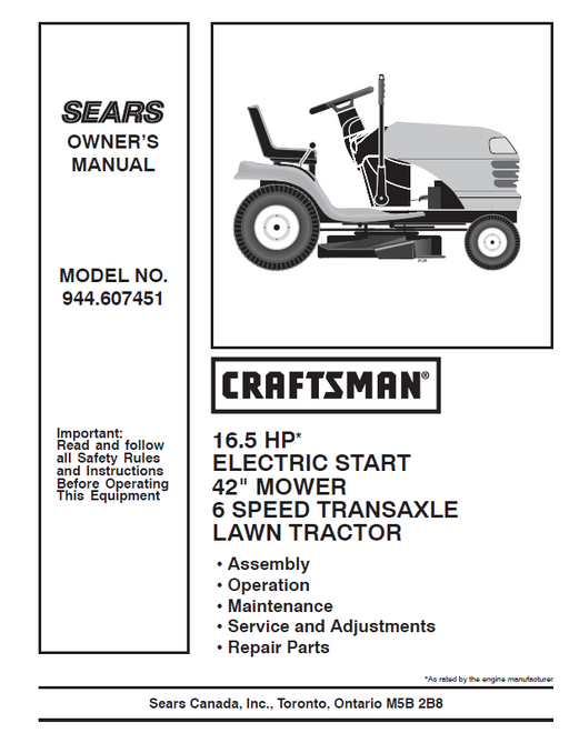 944.607451 Manual for Craftsman 16.5 HP 42" Lawn Tractor