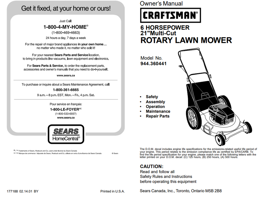 944.360441 Craftsman Rotary Lawn Mower