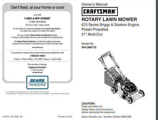 944.361371 Craftsman Rotary Lawnmower Manual