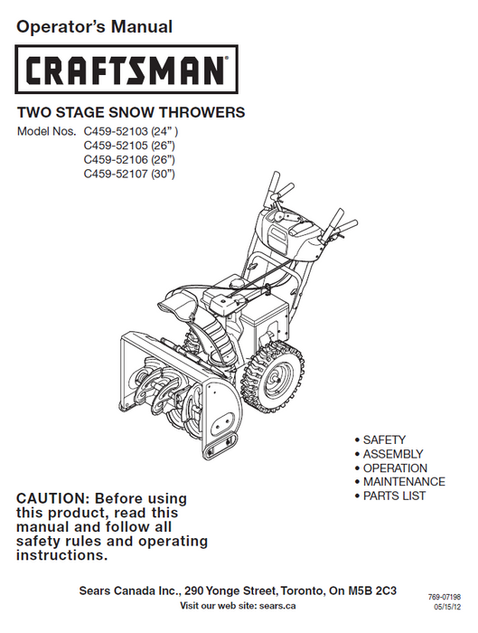 Manual for Craftsman Snow Blower C459-52103 C459-52105 C459-52106 C459-52107 31AH55TG599